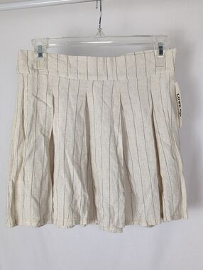 LOVE 83 Linen-Blend Cream Pinstripe Pleated Skirt